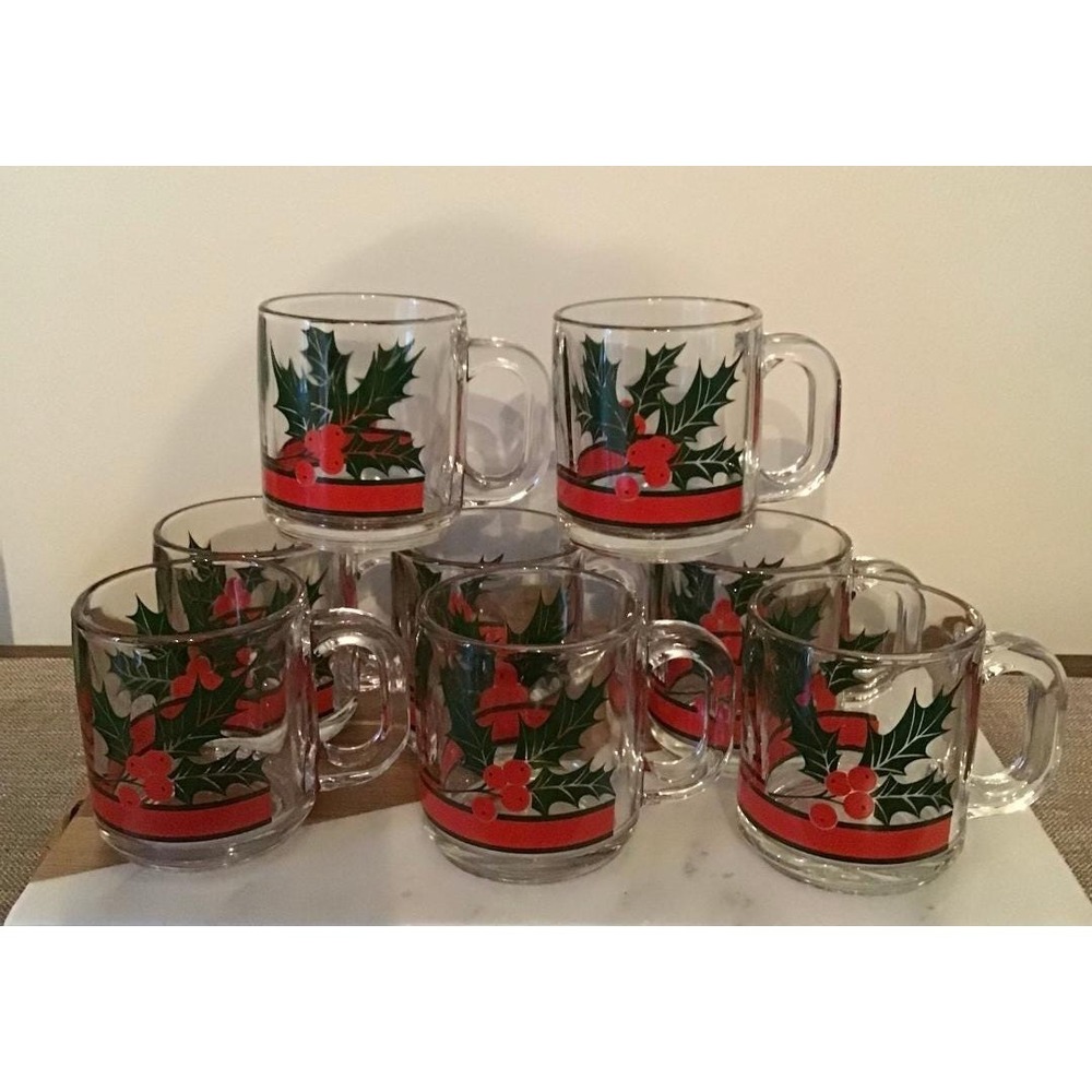 Vtg Libbey Christmas Holly‎ Berry Ribbon Thick Clear Glass Mugs 8 Total Holiday